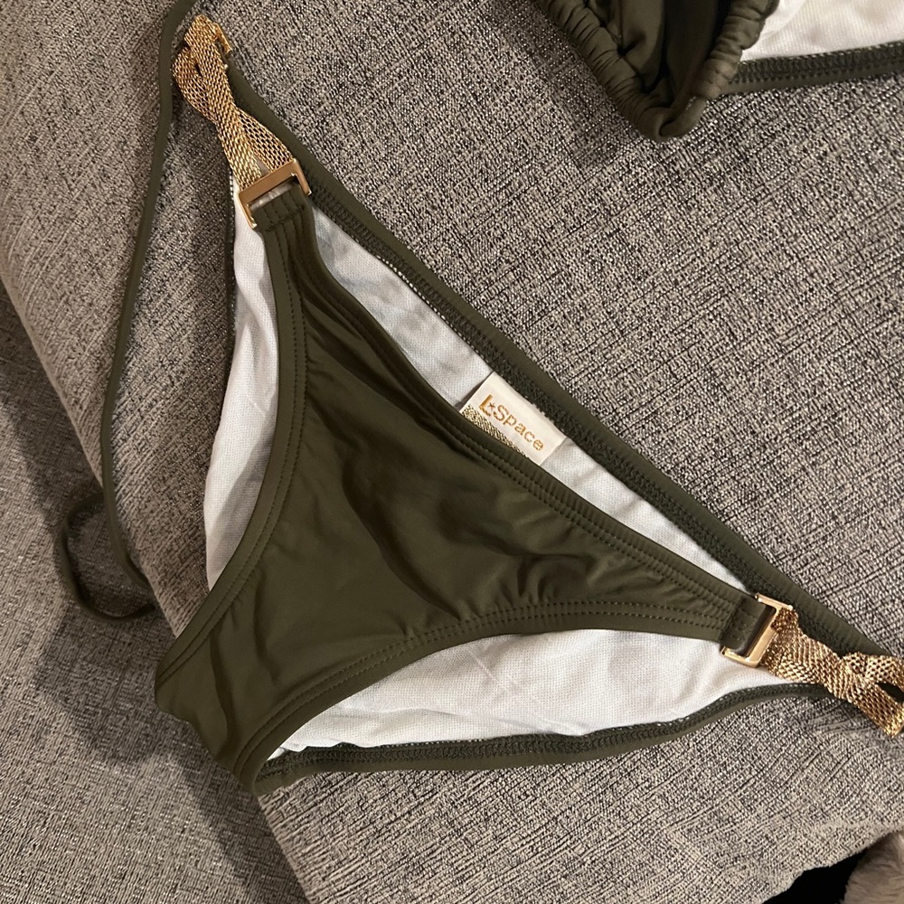 L Space army green bikini with gold mesh small bottom large top - Picture 3 of 6